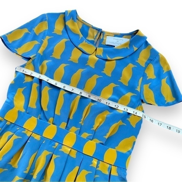 Charlotte By Charlotte Taylor Blue & Yellow Penguin Print Silk Blouse | Size 4 - Picture 11 of 14